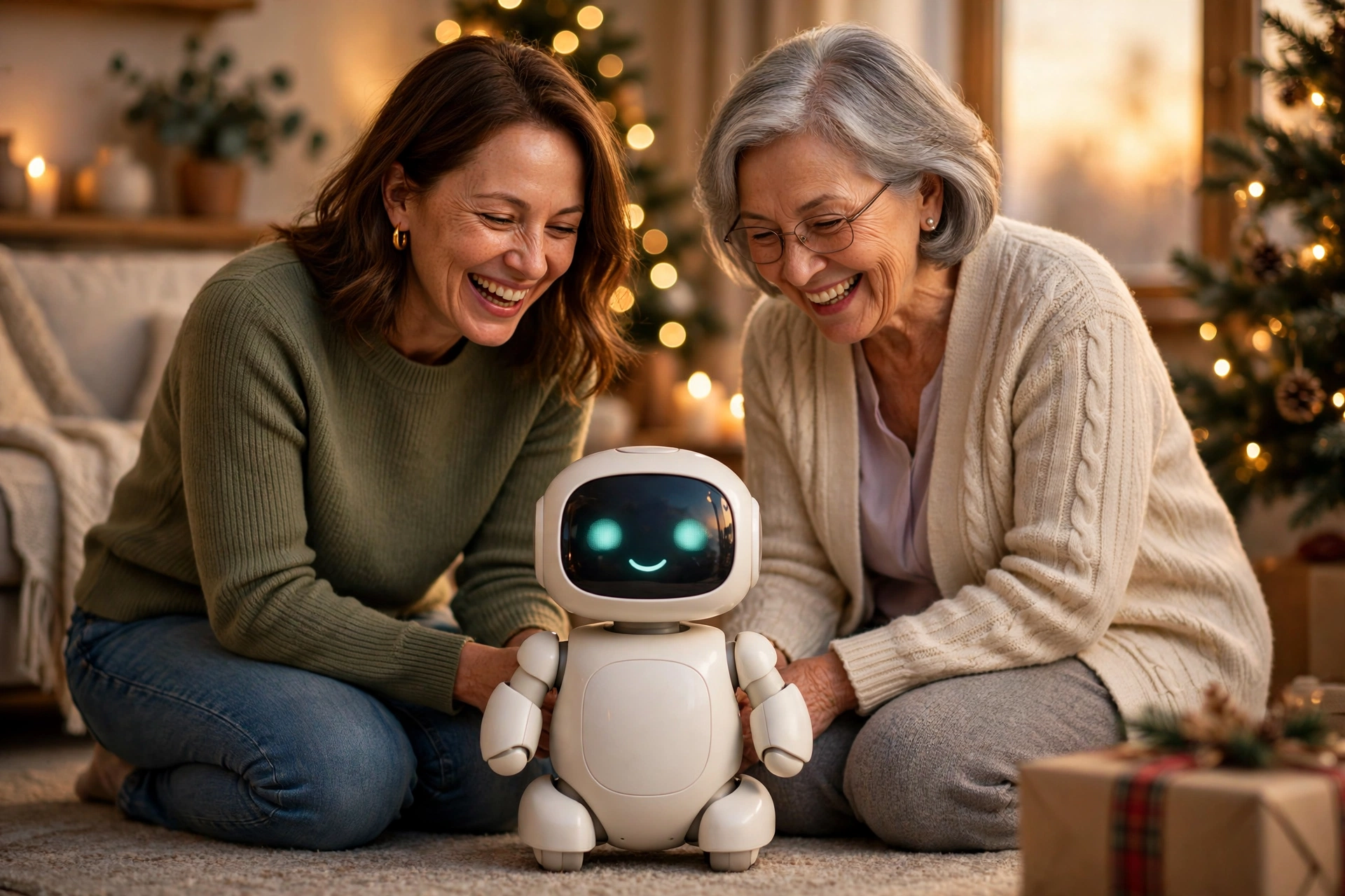 A daughter giving her mother a Joyelo robot as a Christmas gift