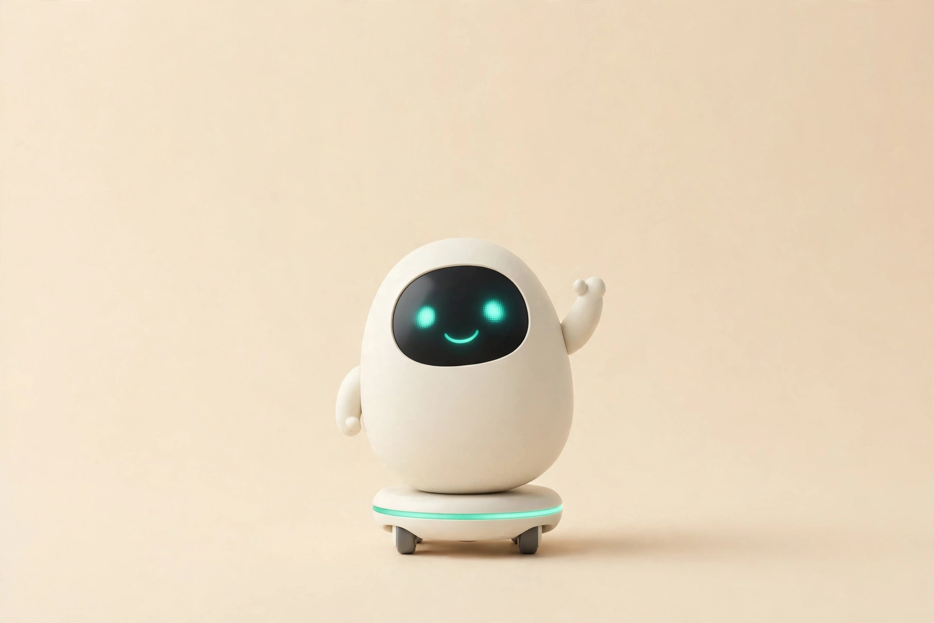 The Joyelo companion robot — a small cream-white robot with a friendly face and a wheeled mobile base