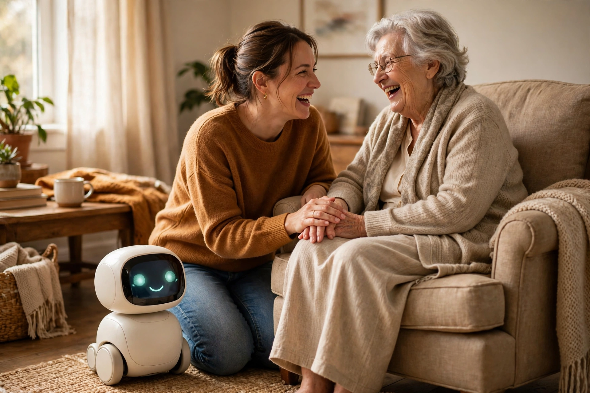 An adult daughter laughing with her mother at home, with Joyelo beside them
